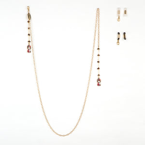 Tokio: necklace and chain for glasses with garnet and kokeshi