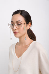 Tokio: collana e catena per occhiali con perline azzure e kokeshi